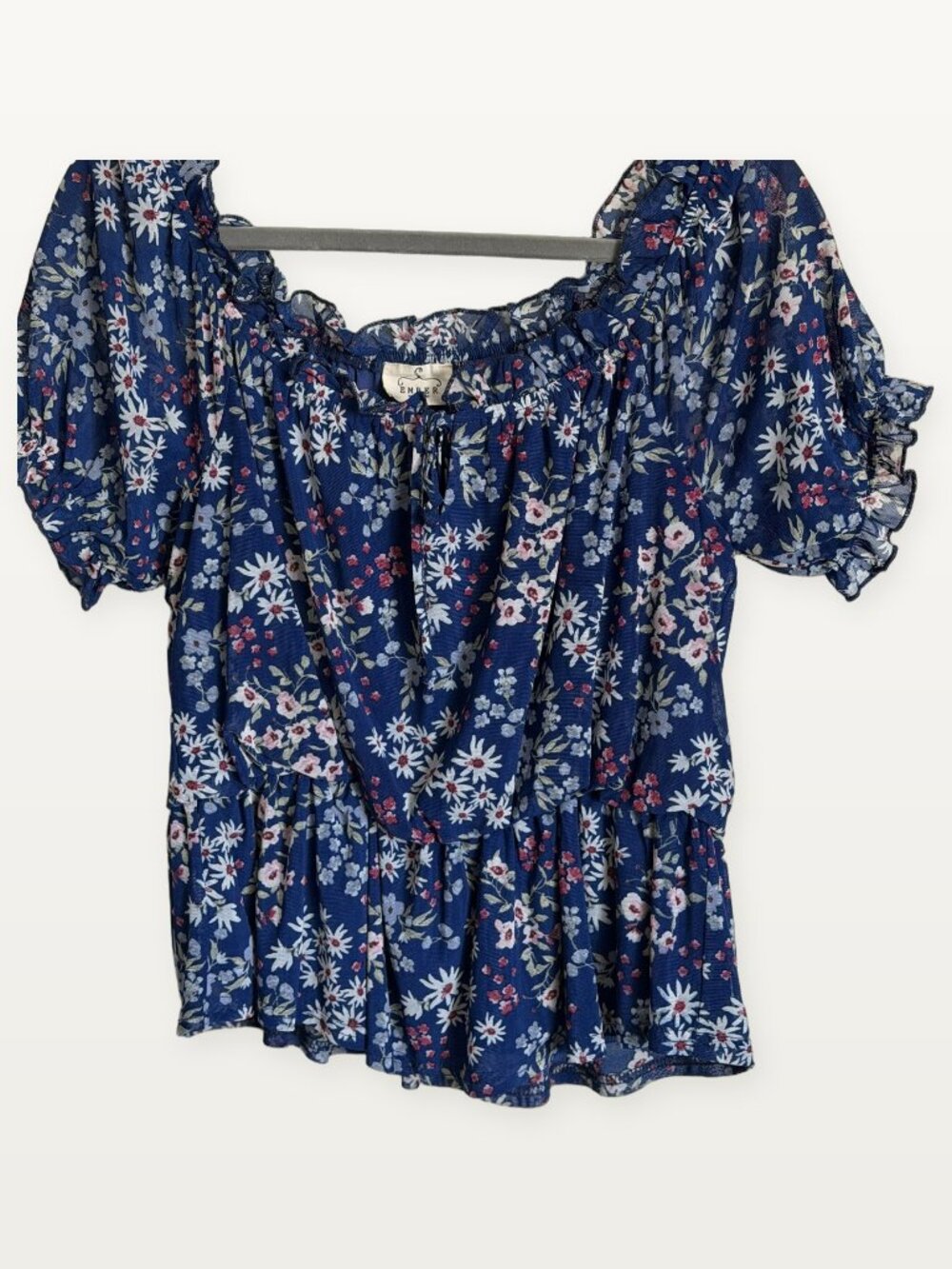 Ember Blue Floral Peasant Puff Sleeve Boho Blouse M